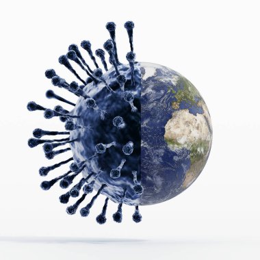 Virus with globe in one half. Global pandemic concept. 3D illustration. clipart