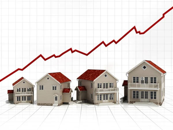 Rising house prices concept. 3D illustration.