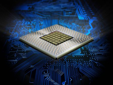 Ana güvertede mavi ışığı olan işlemci. 3B illüstrasyon.