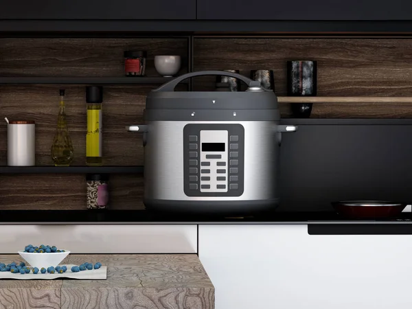 Electric pressure cooker in the kitchen. 3D illustration.