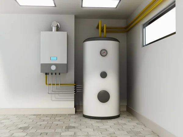 Electric water heaters connected with industrial water pipes. 3D illustration.