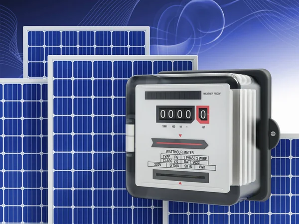 Solar panels and electricity meter on blue background. 3D illustration.