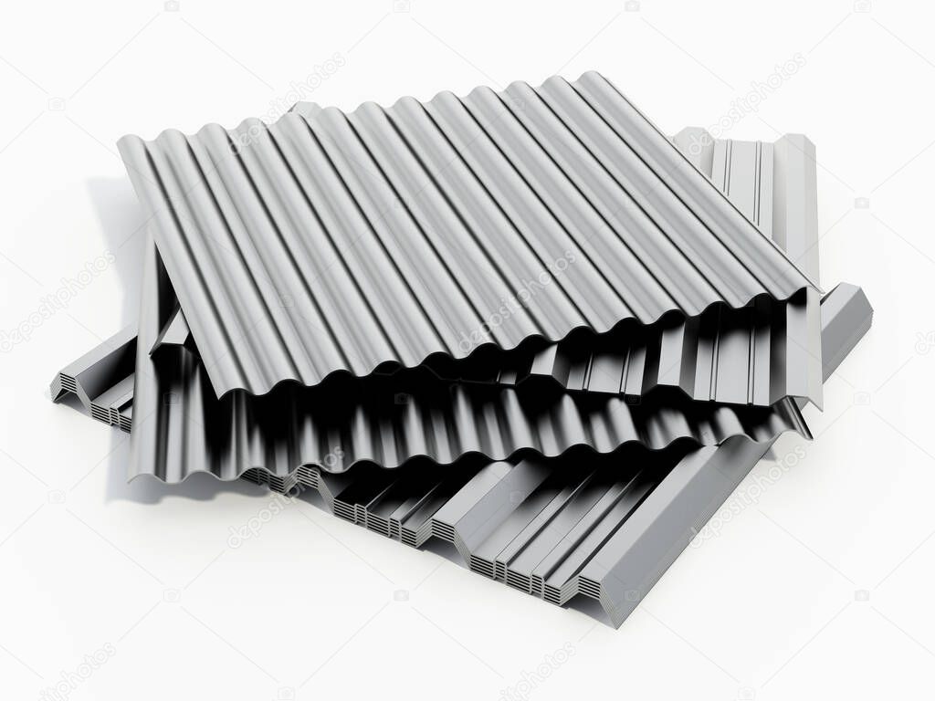 Corrugated metal sheets isolated on white background. 3D illustration.