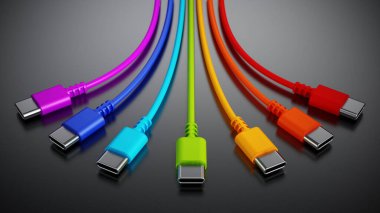 Colorful type C usb cables on dark background. 3D illustration.