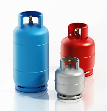 Beyaz zemin üzerinde çeşitli boyutlarda gaz tüpleri izole edildi. 3B illüstrasyon.