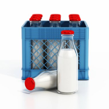 Milk bottles inside plastic crate. 3D illustration.