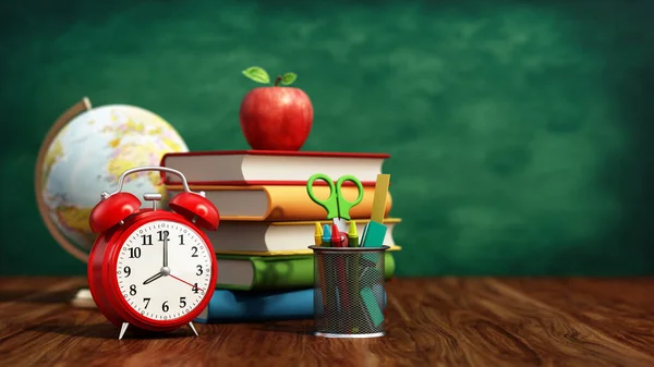 Red Apple Books Pencil Holder Model Globe Alarm Clock Green — Stock Fotó