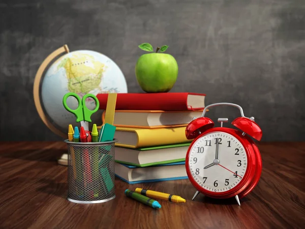 Red Apple Books Pencil Holder Model Globe Alarm Clock Green — Photo