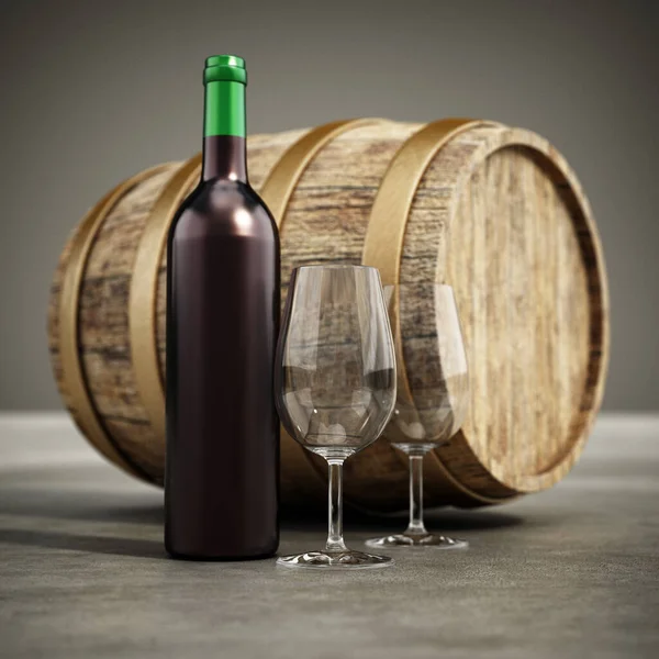 Wine Bottle Glasses Old Barrel Illustration – stockfoto