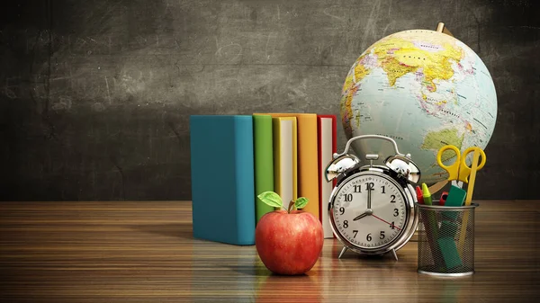 Red Apple Books Pencil Holder Model Globe Alarm Clock Green — Photo