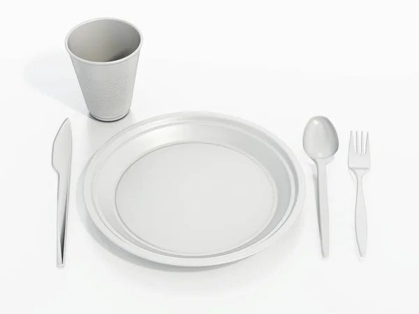 Set Stoviglie Plastica Isolate Sfondo Bianco Illustrazione — Foto Stock