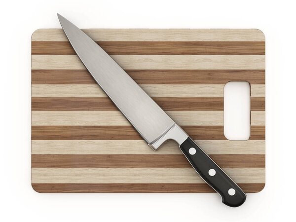 Wooden cutting board and knife isolated on white background. 3D illustration.