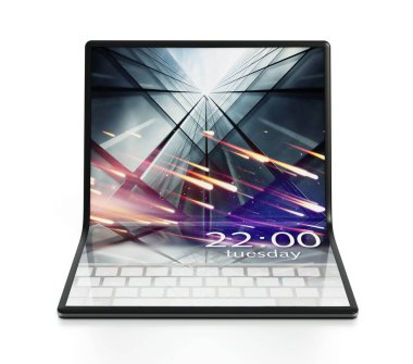 Katlanabilir tablet bilgisayar beyaz arkaplanda izole edildi. 3B illüstrasyon.