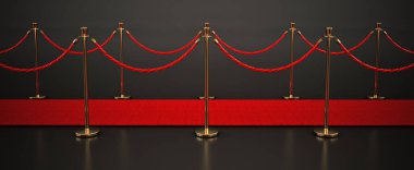 Kırmızı halı ve kadife ipler koyu arka planda izole edilmiş. 3B illüstrasyon.