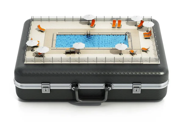 水着の上のスイミングプール サンベッド パラソル 3Dイラスト — ストック写真