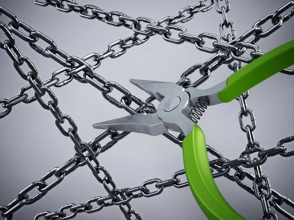 Long nose pliers cutting chains. 3D illustration.