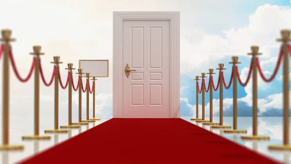Red Carpet Rope Barriers Leading Door Blue Sky Clouds Background — Stock Photo, Image