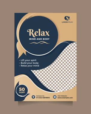 Yaratıcı ve modern güzellik tedavi hizmeti tanıtım broşürü ve a4 boyutlu broşür. Profesyonel saç spa 'sı, yoga, meditasyon, kozmetik satış, cilt bakımı, vb.