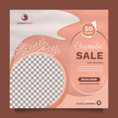 COSMETICS BEAUTY SALE social media post and banner promotion. Square template vector design to promote skin care, makeup, hair treatment, Healthy Skin Clinic, medical spa, something natural, etc
