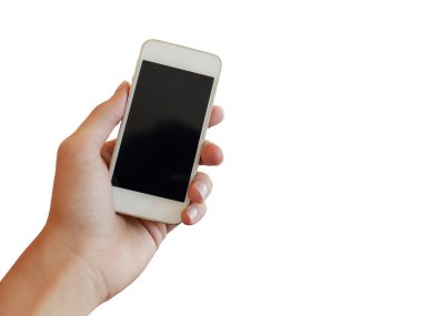 izole el beyaz zemin üzerine bir akıllı telefon kullanma