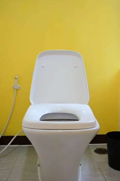 White Flush Toilet Yellow Wall Room Interior Design — Foto de Stock