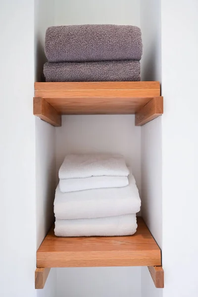 White Brown Towels Put Wood Shelf — Stock fotografie