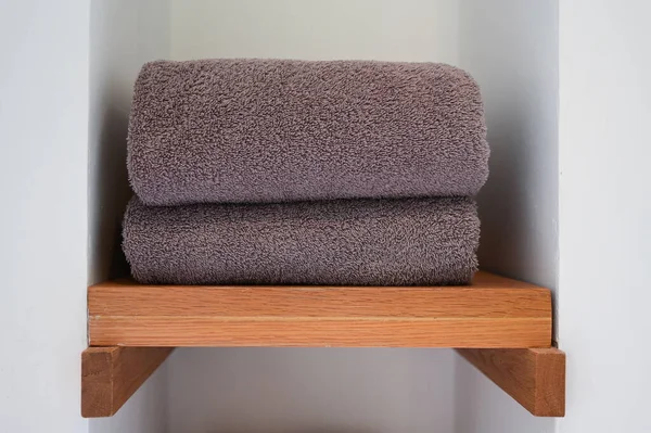Brwon Towels Put Wood Shelf — Stock Fotó