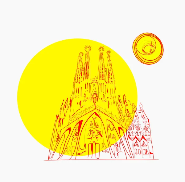 Саграда Фамілія славетний собор в Барселоні в лінійному стилі з великим жовтим сонцем. — стоковий вектор