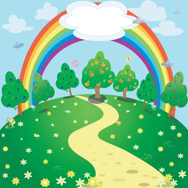 Illustration of rainbow over the meadow — Stock Vector