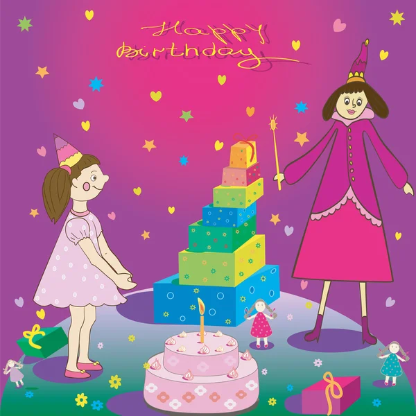 Happy Birthday  Gift girl cake and fairy — Stock Vector