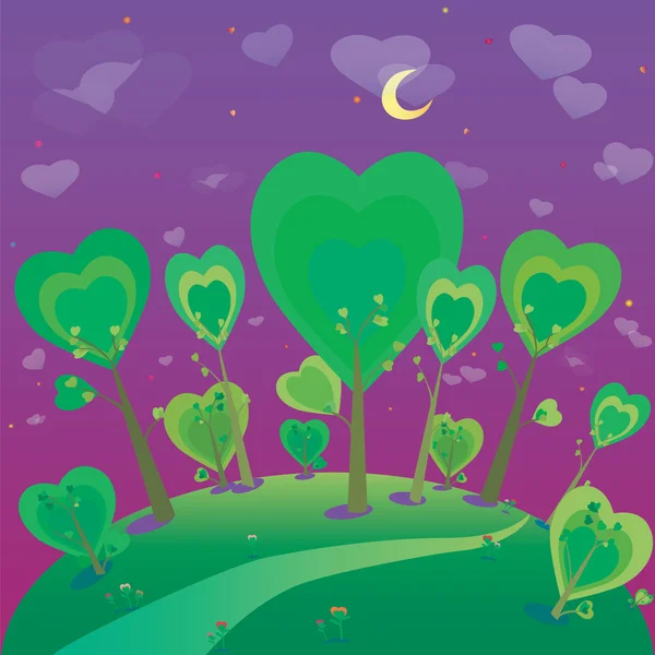 Ilustración del paisaje de fantasía. Bosque y cielo nocturno — Vector de stock