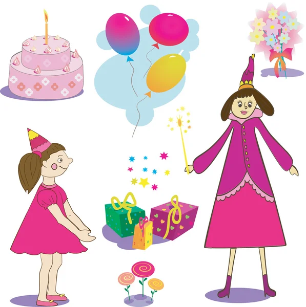 Set of birthday object. Illustation of gifts  cake and baloons — Stock Vector