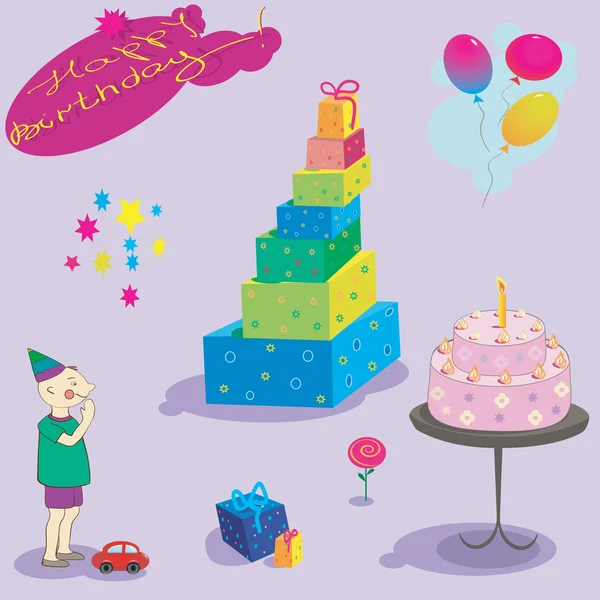 Conjunto de objetos de aniversário. Illustação de bolo de presentes e balões — Vetor de Stock