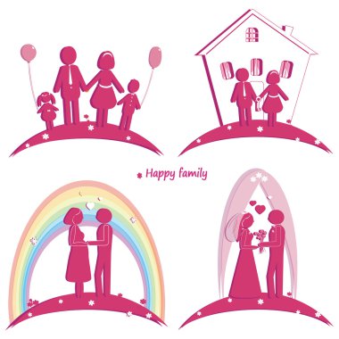 Set of happy family icons. Symbol of wedding. Family house. Pregnancy and parents with doughter and son clipart