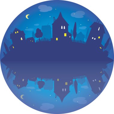 round illustration of village by night 