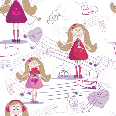 Dikişsiz doku sevimli kız bir şarkı ile müzik dinlemek. Beyaz arka plan notları ile.