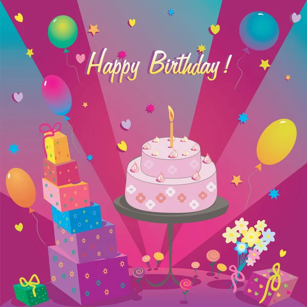 Template for Happy Birthday card with cake and ballon — Stock Photo, Image