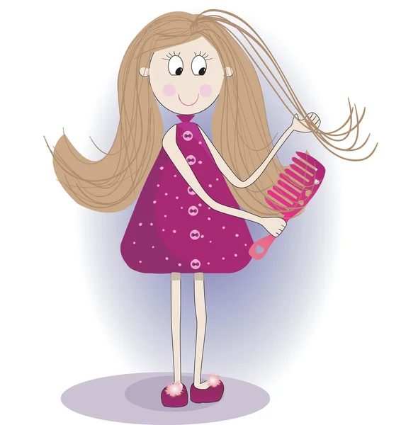Εικονογράφηση του χαριτωμένο κορίτσι σε ένα μπουρνούζι και παντόφλες. αυτή χτενίζει τα μαλλιά — Φωτογραφία Αρχείου