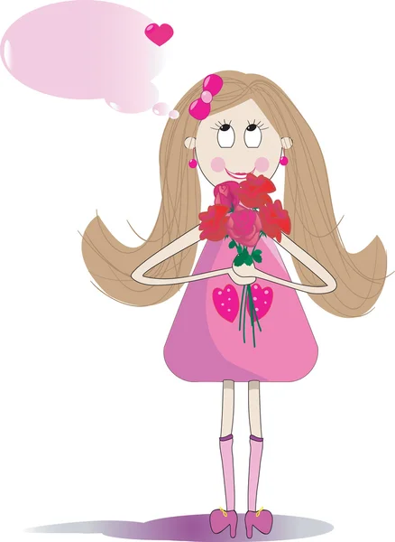 Ilustración de linda chica con ramo de rosas — Foto de Stock