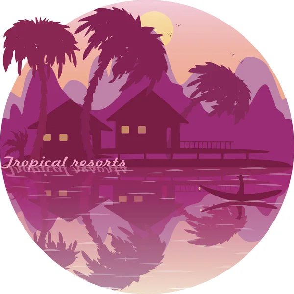 Tropical resorts icon. Palm trees sea bungalow boat mountain — Stock Photo, Image