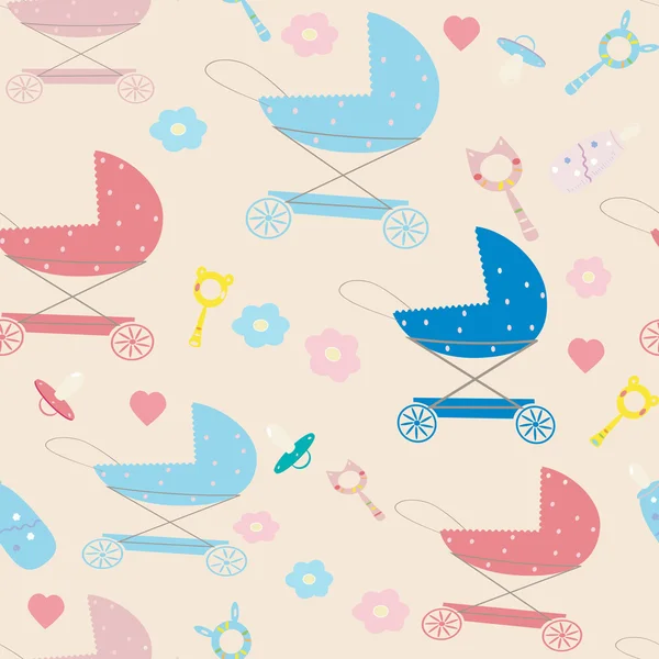 Nahtloses Muster für Neugeborene mit Kinderwagen und Schnuller — Stockfoto