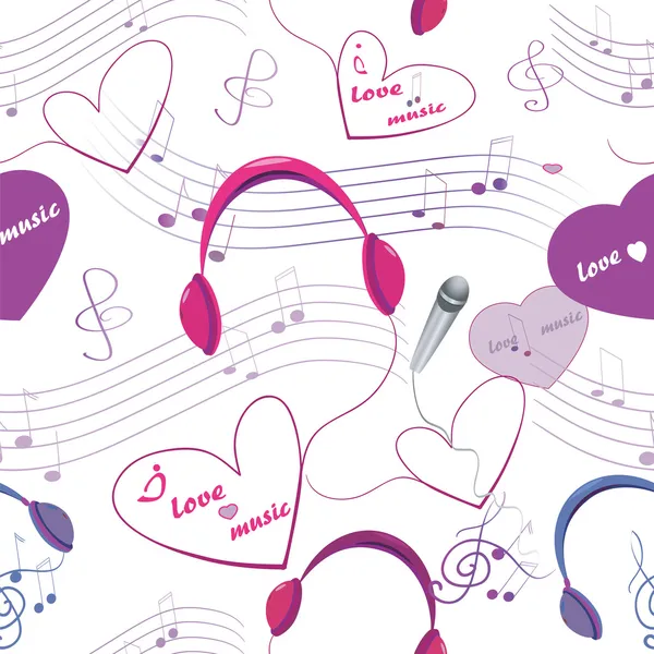 Seamless texture with microphone and headphones, note and hearts — Stock Photo, Image