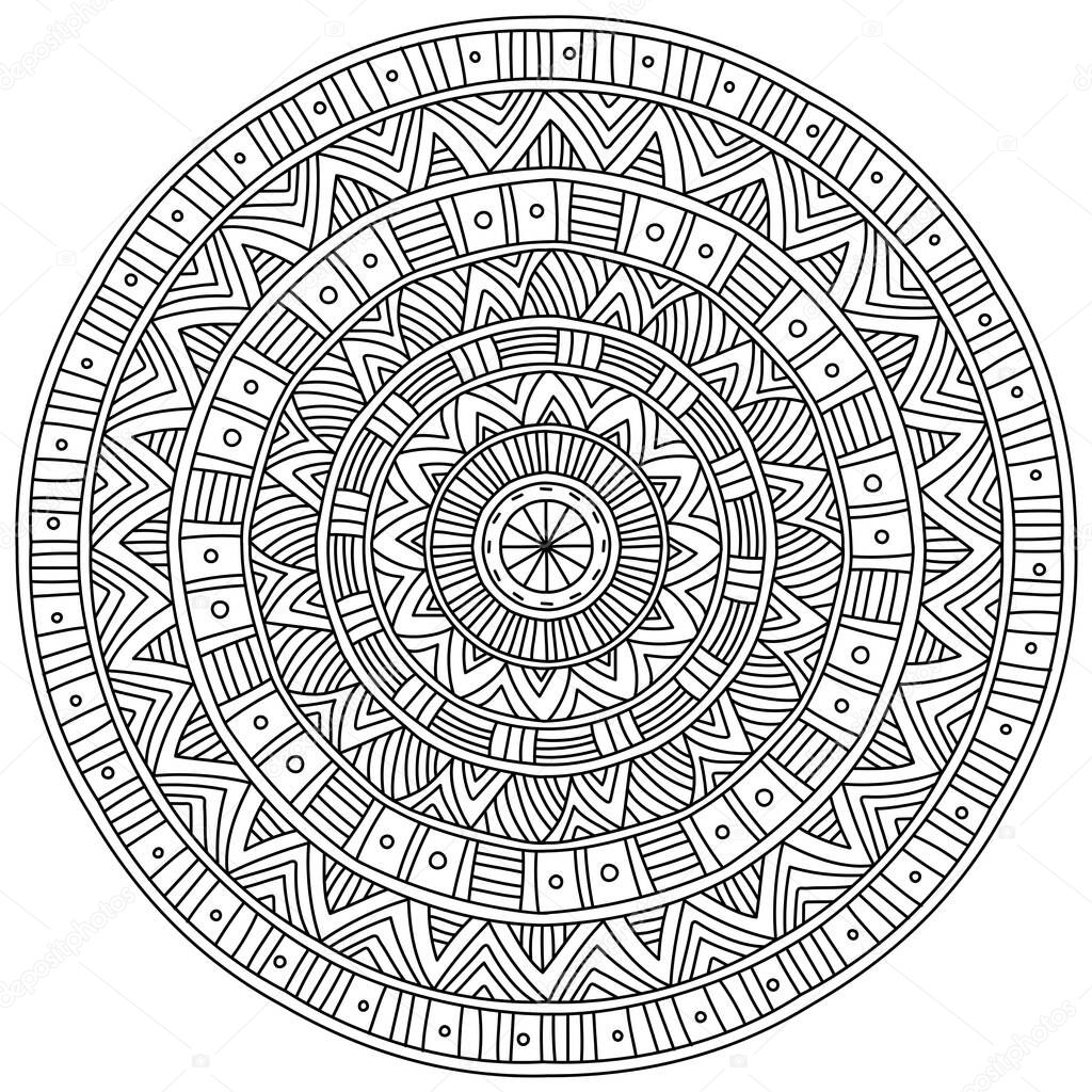 Symmetrical mandala with linear patterns, meditative coloring page with straight lines vector illustration