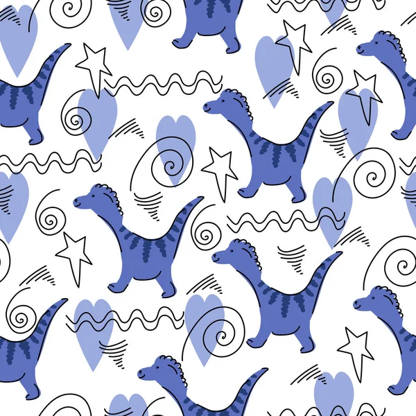 Симпатичный Узор Динозаврами Линейными Каракулями Мультяшные Животные Синем Белом Фоне — стоковый вектор