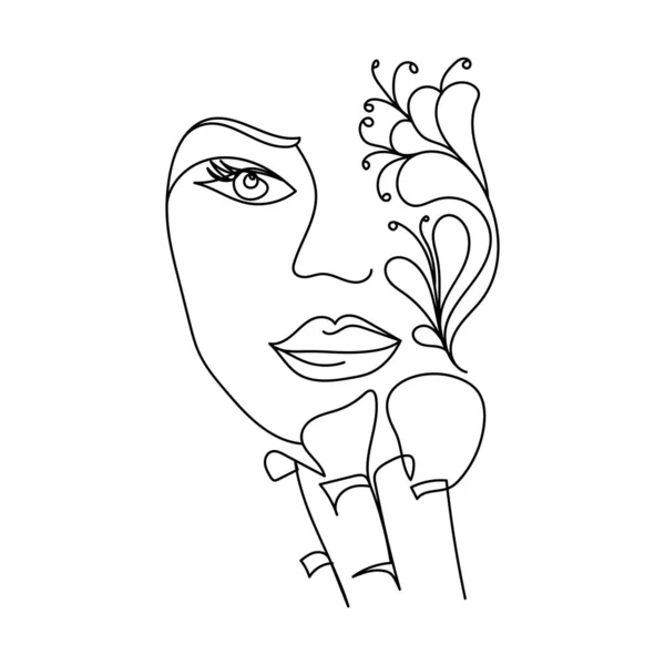 Line Art Girl Portrait Makeup Brushes Female Image Doodle Bouquet — Stock Vector