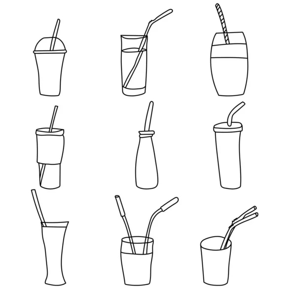 Vasos Con Conjunto Contorno Paja Recipientes Para Bebidas Diversas Formas — Archivo Imágenes Vectoriales
