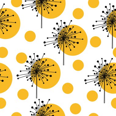 Kusursuz karahindiba deseni ve turuncu daireler, beyaz arka plan çizimi üzerinde fantezi çiçekleri.