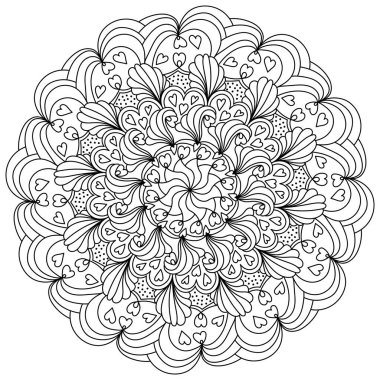 Kalpli ve süslü desenli mandala, Sevgililer Günü vektör çizimi için meditasyon renk sayfası