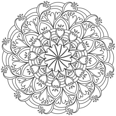 Kalp, damla ve dekoratif desenli mandala, Sevgililer Günü çizimi için meditasyon renk sayfası