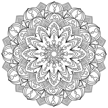 Kalpli, daireli ve süslü desenli mandala, Sevgililer Günü vektör çizimi için meditasyon renk sayfası